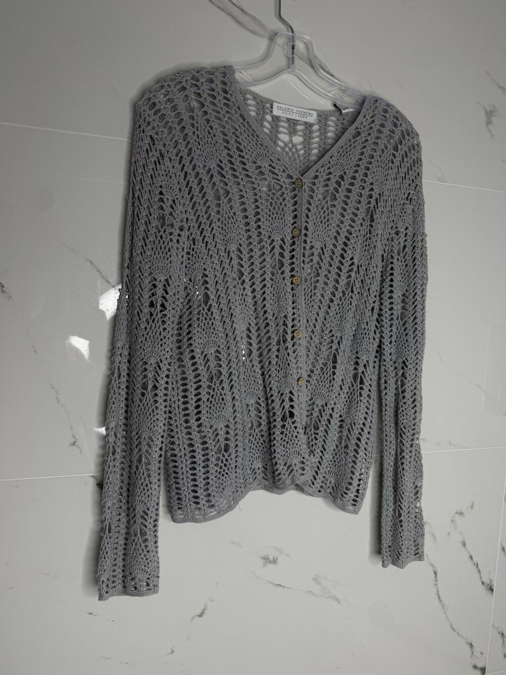 Valerie Stevens Women Gray Top Linen Size L Crochet Open Knit Grandma Cottage